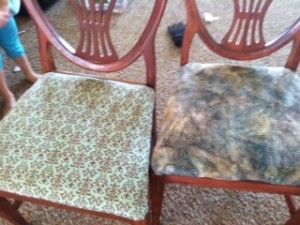 My chairs that I recovered in different cotton fabrics since I couldn't pick just one. 6 chairs all different fabric.